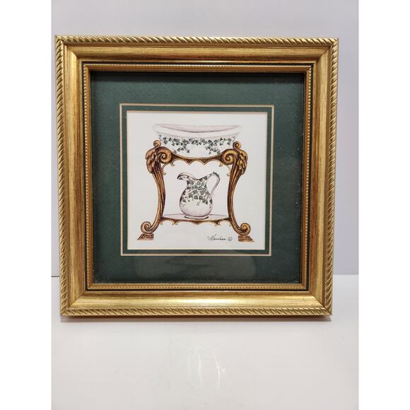 VTG Framed Washstand Pitcher & Basin Art Prints Matted Country Bathroom Decor - Picture 1 of 6